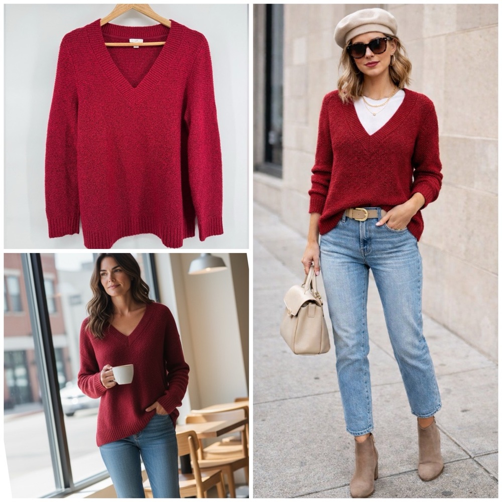 J. Jill Deep Red V-Neck Sweater Everyday Wear Pullover Women's Sz M Minimalist